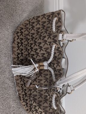 Michael Kors Brown Logo Bucket Bag with White Trim